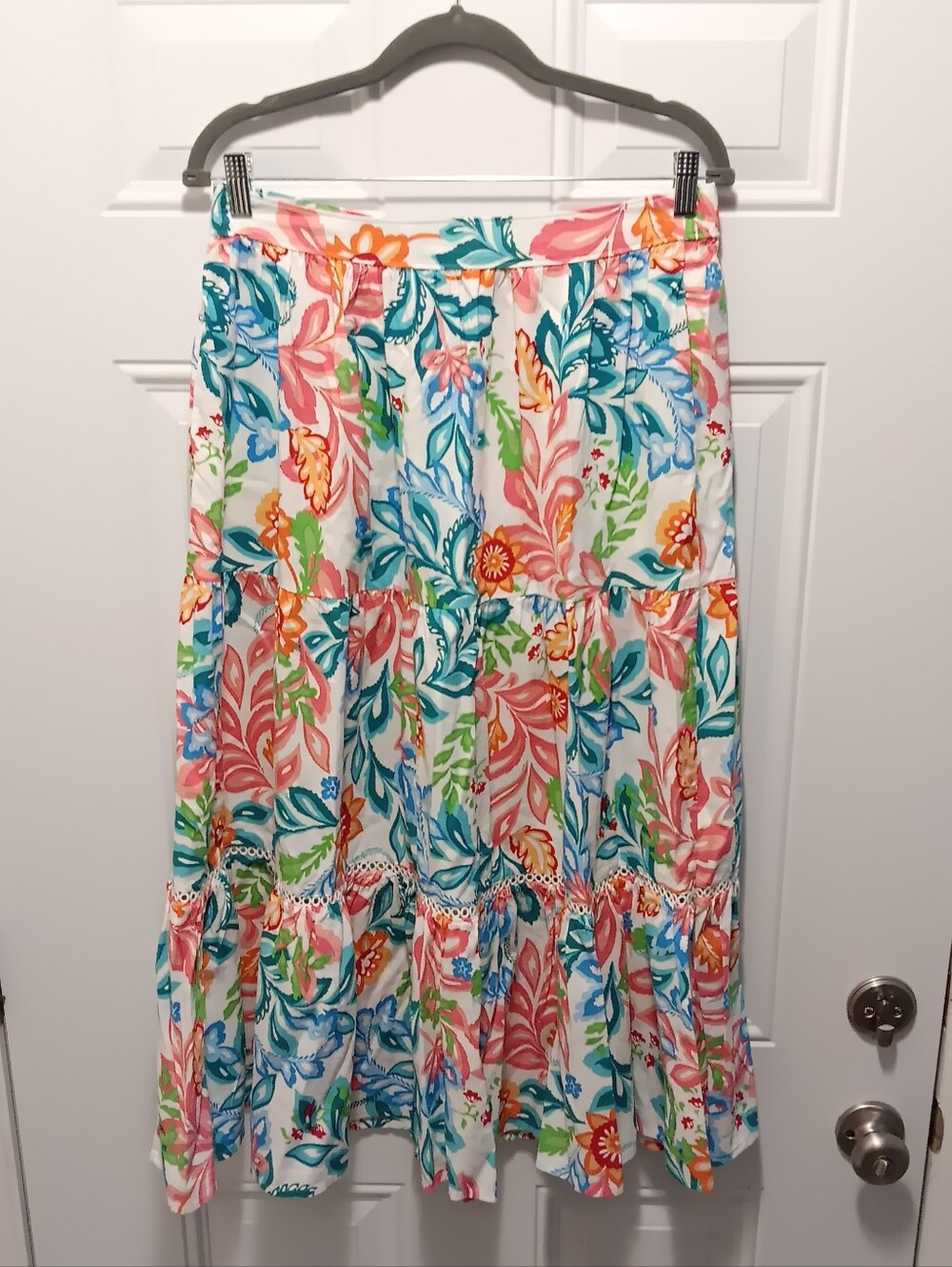 Tropical Floral Tiered A-Line Midi Skirt Sz M Cottagecore Cotton/Rayon Blend - Picture 3 of 11